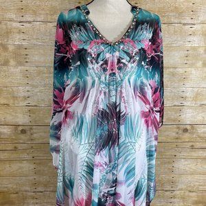 Jennifer Lopez Caftan Dress M Teal Pink Tropical Leaf Kaftan Embellished Chiffon